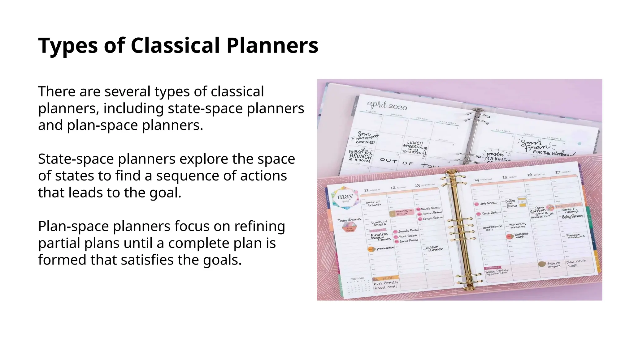 Types of Classical Planners
There are several types of classical
planners, including state-space planners
and plan-space planners.
State-space planners explore the space
of states to find a sequence of actions
that leads to the goal.
Plan-space planners focus on refining
partial plans until a complete plan is
formed that satisfies the goals.
 