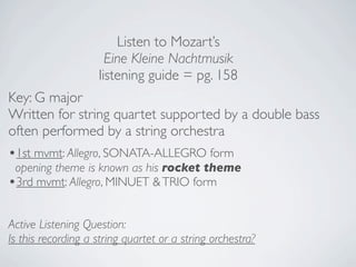 comic opera

• Realistic, relatable, and lively story lines
• Humorous and grew to use more satire when
   depicting the aristocrats.
• Written in vernacular (native language)
• Common characters (lawyers/doctors/servants)
• Large use of ensemble and low male voice
     buffa – traditional bass voice character who
     spoke to the audience with a “wink and a nod”)

Different names given to different regions - slightly different interpretations for
   each region
• opera buffa - Italy (Mozart’s The Marriage of Figaro, & Don Giovanni)
• opéra comique - France (Jean-Philippe Rameau’s Querelle des Bouffons)
• Singspiel - Germany (Mozart’s The Magic Flute)
• ballad opera (dialogue opera) - England (Johanne Pepusch/ John Gay’s The
   Beggar’s Opera)
 