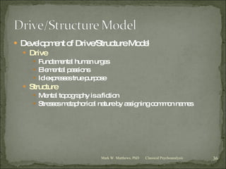 Development of Drive/Structure Model Drive Fundamental human urges Elemental passions Id expresses true purpose Structure Mental topography is a fiction Stresses metaphorical nature by assigning common names Classical Psychoanalysis Mark W. Matthews, PhD 