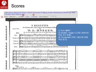 Scores
①
② ③
① Print (출력)
② Smaller / larger (스크린 상에서의
악보 크기 변화)
③ Thumbnails (작은 그림으로 전체
악보 보기)
 