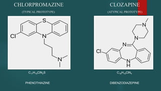 CHLORPROMAZINE CLOZAPINE
(TYPICAL PROTOTYPE) (ATYPICAL PROTOTYPE)
C18H19ClN4C17H19ClN2S
PHENOTHIAZINE DIBENZODIAZEPINE
 