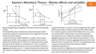 Keynes’s Monetary Theory : Money affects real variables 16
money is non-neutral
Keynes brought about integration of money market and real goods
market.
He showed that rate of interest was determined by demand for
money and supply of money.(increase in the supply of money will
lower the rate of interest)
in panel (a) money market equilibrium is shown. Given money
supply equal to M1, money supply curve MS1 intersects money
demand curve Md at rate of interest r1. It will be seen from panel
(b) that at rate of interest r1, investment is I1. Then, in panel (c)
with the consumption function curve C and investment equal to I1,
aggregate demand curve is C + I1 which intersects the income line
OZ at point E and determines level of real national income equal to
Y1.
Suppose that there is increase in money supply from M1 to M2
which causes shifts in money supply curve from MS1 to MS2.
As a result in panel (a), rate of interest falls from r1 to r2, and
as a result of fall in interest rates in panel (b) investment
increases from I1 to I2. With this increase in investment (DI),
aggregate demand curve shifts above to the position C + I2 in
panel (c). With this increase in aggregate demand, level of real
national income increases from Y1 to Y2. Corresponding to this
increase in real national income the level of labour
employment will also rise.
Keynes succeeded in integrating money market with goods market
and with this he showed that money supply plays an important
role in determining real variables such as real investment.
 