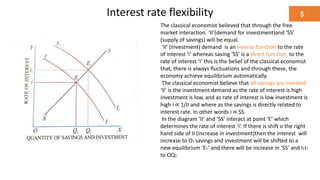 Interest rate flexibility
The classical economist believed that through the free
market interaction. ‘II’(demand for investment)and ‘SS’
(supply of savings) will be equal.
‘II’ (Investment) demand is an inverse function to the rate
of interest ‘i’ whereas saving ‘SS’ is a direct function to the
rate of interest ‘i’ this is the belief of the classical economist
that, there is always fluctuations and through these, the
economy achieve equilibrium automatically.
The classical economist believe that all savings are invested
‘II’ is the investment demand as the rate of interest is high
investment is low, and as rate of interest is low investment is
high i ∝ 1/II and where as the savings is directly related to
interest rate. In other words i ∝ SS.
In the diagram ‘II’ and ‘SS’ interact at point ‘E’ which
determines the rate of interest ‘i’. If there is shift o the right
hand side of II (increase in investment)then the interest will
increase to O1 savings and investment will be shifted to a
new equilibrium ‘E1’ and there will be increase in ‘SS’ and I1I1
to OQ2.
5
 