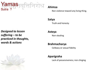 Ahimsa
Non violence toward any living thing.
Satya
Truth and honesty
Asteya
Non-stealing
Brahmacharya
Celibacy or sexual fidelity
Aparigraha
Lack of possessiveness; non clinging
Designed to lessen
suffering – to be
practiced in thoughts,
words & actions
Yamas
Sutra ?
 
