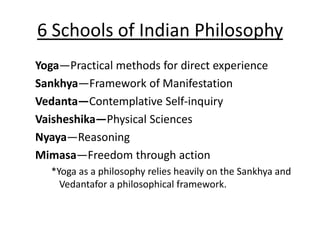 6 Schools of Indian Philosophy
Yoga—Practical methods for direct experience
Sankhya—Framework of Manifestation
Vedanta—Contemplative Self-inquiry
Vaisheshika—Physical Sciences
Nyaya—Reasoning
Mimasa—Freedom through action
*Yoga as a philosophy relies heavily on the Sankhya and
Vedantafor a philosophical framework.
 