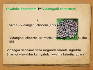 Yavaloha choornam Vs Vidamgadi choornam



                  S
   Same—Vidangadi choorna(Kotkl)



   Vidangadi choorna-Krimichikitsa(Nagarjuna+ousha
    dhi

Vidangakrishnamaricha nirgundeemoola sigrubhi
Bharngi viswakhu karnyabdai kwatha krimiharapara
 