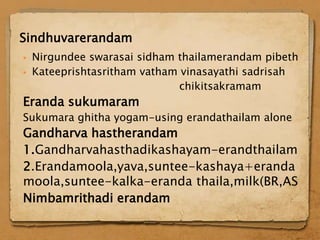 Sindhuvarerandam
   Nirgundee swarasai sidham thailamerandam pibeth
   Kateeprishtasritham vatham vinasayathi sadrisah
                               chikitsakramam
Eranda sukumaram
Sukumara ghitha yogam-using erandathailam alone
Gandharva hastherandam
1.Gandharvahasthadikashayam-erandthailam
2.Erandamoola,yava,suntee-kashaya+eranda
moola,suntee-kalka-eranda thaila,milk(BR,AS
Nimbamrithadi erandam
 