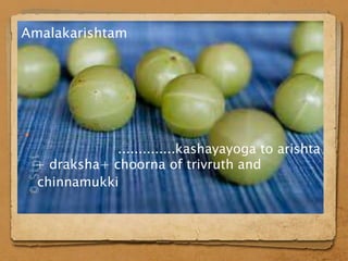 Amalakarishtam





                ..............kashayayoga to arishta
    + draksha+ choorna of trivruth and
    chinnamukki
 