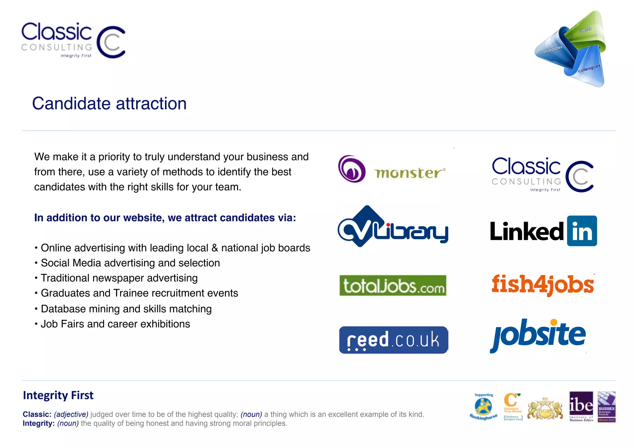 Candidate attraction!

   We make it a priority to truly understand your business and
   from there, use a variety of methods to identify the best
   candidates with the right skills for your team. !

   In addition to our website, we attract candidates via:!

   •  Online advertising with leading local & national job boards!
   •  Social Media advertising and selection!
   •  Traditional newspaper advertising!
   •  Graduates and Trainee recruitment events!
   •  Database mining and skills matching!
   •  Job Fairs and career exhibitions!




Integrity	
  First	
  
Classic: (adjective) judged over time to be of the highest quality; (noun) a thing which is an excellent example of its kind.
Integrity: (noun) the quality of being honest and having strong moral principles.
 