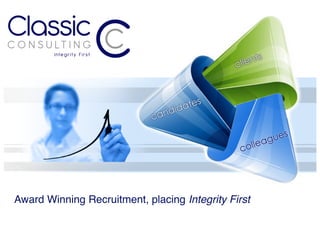 Award Winning Recruitment, placing Integrity First!
Integrity	
  First	
  
Classic: (adjective) judged over time to be of the highest quality; (noun) a thing which is an excellent example of its kind.
Integrity: (noun) the quality of being honest and having strong moral principles.
 