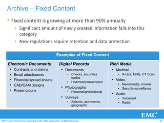 Archive – Fixed Content
     • Fixed content is growing at more than 90% annually
             Significant amount of newly created information falls into this
              category
             New regulations require retention and data protection

                                                       Examples of Fixed Content

      Electronic Documents                                Digital Records                     Rich Media
        •   Contracts and claims                            • Documents                       • Medical
        •   Email attachments                                     • Checks, securities           • X-rays, MRIs, CT Scan
                                                                    trades
        •   Financial spread sheets
                                                                  • Historical preservation
                                                                                              • Video
        •   CAD/CAM designs                                                                      • News/media, movies
                                                            • Photographs                        • Security surveillance
        •   Presentations                                         • Personal/professional
                                                                                              • Audio
                                                            • Surveys                            • Voicemail
                                                                  • Seismic, astronomic,         • Radio
                                                                    geographic



EMC Proven Professional. Copyright © 2012 EMC Corporation. All Rights Reserved.                                            24
 