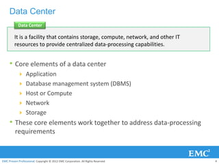 Data Center
            Data Center

         It is a facility that contains storage, compute, network, and other IT
         resources to provide centralized data-processing capabilities.


     • Core elements of a data center
            Application
            Database management system (DBMS)
            Host or Compute
            Network
            Storage
     • These core elements work together to address data-processing
         requirements


EMC Proven Professional. Copyright © 2012 EMC Corporation. All Rights Reserved.   4
 