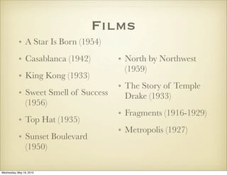 Films
            • A Star Is Born (1954)
            • Casablanca (1942)        • North by Northwest
                                         (1959)
            • King Kong (1933)
                                       • The Story of Temple
            • Sweet Smell of Success     Drake (1933)
              (1956)
                                       • Fragments (1916-1929)
            • Top Hat (1935)
                                       • Metropolis (1927)
            • Sunset Boulevard
              (1950)

Wednesday, May 19, 2010
 