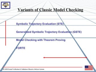 Variants of Classic Model Checking


                      Symbolic Trajectory Evaluation (STE)


                      Generalized Symbolic Trajectory Evaluation (GSTE)


                      Model Checking with Theorem Proving


                      FORTE




SW 4920 Formal Verification & Validation of Reactive Software Systems
 