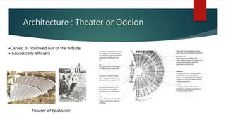 Architecture : Theater or Odeion
•Carved or hollowed out of the hillside
• Acoustically-efficient
Theater of Epidauros
 