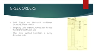 GREEK ORDERS
• Shaft, Capital, and Horizontal entablature
(architrave, frieze, cornice)
• Originally, Doric and Ionic, named after the two
main branches of Greek race
• Then there evolved Corinthian, a purely
decorative order
 