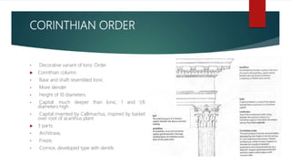 CORINTHIAN ORDER
• Decorative variant of Ionic Order
 Corinthian column:
• Base and shaft resembled Ionic
• More slender
• Height of 10 diameters
• Capital: much deeper than Ionic, 1 and 1/6
diameters high
• Capital invented by Callimachus, inspired by basket
over root of acanthus plant
 3 parts:
• Architrave,
• Frieze,
• Cornice, developed type with dentils
 