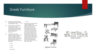 Greek Furniture
 Greeks was inﬂuenced by
the Egyptians, that copied
their furniture style.
 Greek furniture emphasis
the comfort, its soft,
rounded, has mare curves
and adequate the human
body requirements more
than the Egyptian
furniture.
 Greek Furniture was
typically constructed out of
wood. Though it might
also be made of stone or
metal, such as bronze, iron,
gold and silver There is 5
main types of furniture and
little else:
• Stools
• Couches
• Chests
• Small tables
• Chairs
 Greek furniture styles were
simple, elegant and
tasteful. Although carving
and inlays were used,
furniture was not over-
decorated. Houses were
not cluttered with much
furniture, and household
items were made for use
and comfort rather than
decoration. However, the
Greek love of beauty and
art extended to furniture
design, and the few simple
items of furniture in an
early Greek household
were often works of art in
their own right.
Egyptian Furniture
Greek Furniture
 