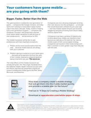 Your customers have gone mobile ...
are you going with them?

Bigger, Faster, Better than the Web
The web revolution created the next generation of                   Companies are now allowing employees to bring
giants — companies like Google, Amazon, and eBay                    their own devices into the workplace — a concept
went from nothing to multi-billion dollar market                    that would have been unheard of just a year ago
caps in less than a decade. Today, mobile is helping                — and new mobile-based ventures are receiving
fuel a new generation of giants — companies like                    staggering amounts of money from Silicon Valley
Facebook, Groupon, and Zynga have reached                           venture capital ﬁrms.
multi-billion dollar valuations in half the time of
their predecessors … and all without an IPO.                        Companies now have a window of opportunity
                                                                    to think about how mobile can transform their
The mobile revolution will be like its web                          business as radically as the web did. By making
predecessor with two important exceptions:                          mobile a part of their overall digital strategy,
                                                                    companies can transform their relationships with
     Mobile will be more transformative than the                    their customers in even greater ways than they did
     web … because mobile devices are always                        with the web.
     with your customer.

     Mobile is going to evolve at a much faster pace
                                                                                MOBILE
     … because we’ve learned a lot from the web.
     In fact, mobile shipments outpaced desktop/
     laptop shipments last year. The race is on.

The initial e ects of this mobile revolution are
already being felt. The iPad single-handedly killed
                                                                                                      WEB
the netbook market. Apple’s massive success with
the iPhone and iPad has presented a signiﬁcant
threat to established mobile giants like RIM, Nokia,
Microsoft, and Motorola.




                                  How does a company create a mobile strategy
                                  that will get them into the mobile market quickly,
                                  and provide a scalable plan for the future?

                                  Find out in “4 Steps to Creating a Mobile Strategy”

                                  Download at appcelerator.com/white-paper-4-steps



               Appcelerator is the #1 Mobile Cloud Platform
               More than 1.6 million developers worldwide have launched 35,000+ mobile apps developed on Appcelerator software.
               The company’s ﬂagship o ering, Appcelerator Titanium, is the only mobile cloud platform to enable fully native, cross-
               platform mobile app and HTML5 development from a single codebase. Appcelerator’s customers include NBC, Harrah’s,
               Los Angeles Times, Medtronic, and Cisco. Visit www.appcelerator.com for more information.
 