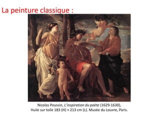 La peinture classique :
Nicolas Poussin, L'inspiration du poète (1629-1630),
Huile sur toile 183 (H) × 213 cm (L). Musée du Louvre, Paris.
 