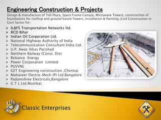 Engineering Construction & Projects
 IL&FS Transportation Networks ltd.
 RCD Bihar
 Indian Oil Corporation Ltd.
 National Highway Authority of India
 Telecommunication Consultant India Ltd.
 U.P. Awas Vikas Parishad
 Northern Railway (Const. Div)
 Reliance Energy
 Power Corporation Limited
 PUVVNL
 GET Engineering construction ,Chennai
 Mahaveer Electro-Mech (P) Ltd,Bangalore
 Padamshree Electricals,Bangalore
 G T L Ltd.Mumbai.
Design & manufacture of Toll Plaza, Space Frame Canopy, Microwave Towers, construction of
foundations for rooftop and ground based Towers, Installation & Painting ,Civil Construction in
Govt Sector for:
Classic Enterprises
 