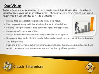 Our Vision
To be a leading organization in pre engineered buildings, steel structures
industry by providing innovative and technologically advanced designs and
engineered products to our elite customers."
 Being a first-class global conglomerate with a clear focus.
 Ensuring continual growth that creates value for its shareholders.
 Building strong brands that meet consumer needs and aspirations.
 Embracing safety as a way of life.
 Being a responsible citizen and ensuring sustainable development.
 Being committed to the highest standards by conducting all business with integrity, honesty
and transparency.
 Fostering a performance culture in a learning environment that encourages mutual trust and
respect, teamwork, customer orientation, and the sharing of best practices.
Classic Enterprises
 