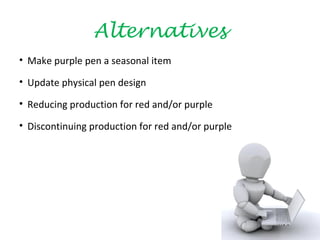 Alternatives
• Make purple pen a seasonal item

• Update physical pen design

• Reducing production for red and/or purple

• Discontinuing production for red and/or purple
 