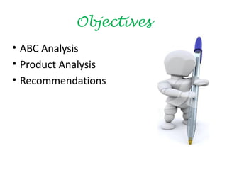 Objectives
• ABC Analysis
• Product Analysis
• Recommendations
 