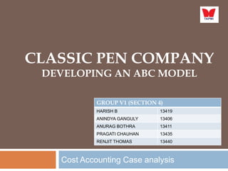 CLASSIC PEN COMPANY
DEVELOPING AN ABC MODEL
GROUP V1 (SECTION 4)
HARISH B

13419

ANINDYA GANGULY

13406

ANURAG BOTHRA

13411

PRAGATI CHAUHAN

13435

RENJIT THOMAS

13440

Cost Accounting Case analysis

 