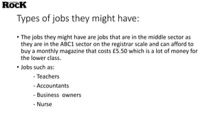 Types of jobs they might have:
• The jobs they might have are jobs that are in the middle sector as
they are in the ABC1 sector on the registrar scale and can afford to
buy a monthly magazine that costs £5.50 which is a lot of money for
the lower class.
• Jobs such as:
- Teachers
- Accountants
- Business owners
- Nurse
 