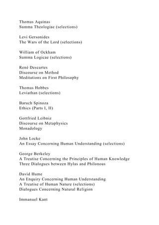 Thomas Aquinas
Summa Theologiae (selections)
Levi Gersonides
The Wars of the Lord (selections)
William of Ockham
Summa Logicae (selections)
René Descartes
Discourse on Method
Meditations on First Philosophy
Thomas Hobbes
Leviathan (selections)
Baruch Spinoza
Ethics (Parts I, II)
Gottfried Leibniz
Discourse on Metaphysics
Monadology
John Locke
An Essay Concerning Human Understanding (selections)
George Berkeley
A Treatise Concerning the Principles of Human Knowledge
Three Dialogues between Hylas and Philonous
David Hume
An Enquiry Concerning Human Understanding
A Treatise of Human Nature (selections)
Dialogues Concerning Natural Religion
Immanuel Kant
 