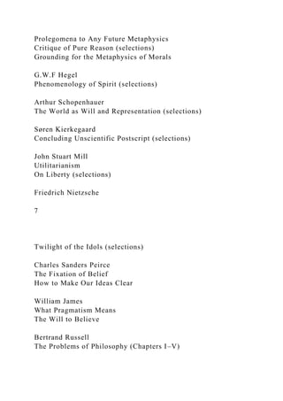 Prolegomena to Any Future Metaphysics
Critique of Pure Reason (selections)
Grounding for the Metaphysics of Morals
G.W.F Hegel
Phenomenology of Spirit (selections)
Arthur Schopenhauer
The World as Will and Representation (selections)
Søren Kierkegaard
Concluding Unscientific Postscript (selections)
John Stuart Mill
Utilitarianism
On Liberty (selections)
Friedrich Nietzsche
7
Twilight of the Idols (selections)
Charles Sanders Peirce
The Fixation of Belief
How to Make Our Ideas Clear
William James
What Pragmatism Means
The Will to Believe
Bertrand Russell
The Problems of Philosophy (Chapters I–V)
 