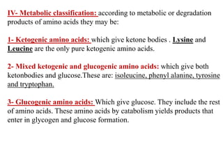 IV- Metabolic classification: according to metabolic or degradation
products of amino acids they may be:
1- Ketogenic amino acids: which give ketone bodies . Lysine and
Leucine are the only pure ketogenic amino acids.
2- Mixed ketogenic and glucogenic amino acids: which give both
ketonbodies and glucose.These are: isoleucine, phenyl alanine, tyrosine
and tryptophan.
3- Glucogenic amino acids: Which give glucose. They include the rest
of amino acids. These amino acids by catabolism yields products that
enter in glycogen and glucose formation.
 