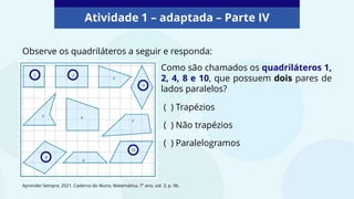 Atividade 1 – adaptada – Parte IV
Observe os quadriláteros a seguir e responda:
Como são chamados os quadriláteros 1,
2, 4, 8 e 10, que possuem dois pares de
lados paralelos?
( ) Trapézios
( ) Não trapézios
( ) Paralelogramos
Aprender Sempre, 2021. Caderno do Aluno, Matemática, 7º ano, vol. 3, p. 96.
 