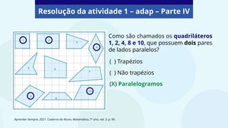 Resolução da atividade 1 – adap – Parte IV
( ) Trapézios
( ) Não trapézios
(X) Paralelogramos
Como são chamados os quadriláteros
1, 2, 4, 8 e 10, que possuem dois pares
de lados paralelos?
Aprender Sempre, 2021. Caderno do Aluno, Matemática, 7º ano, vol. 3, p. 96.
 