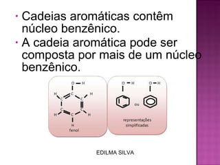 Cadeias aromáticas contêm núcleo benzênico. A cadeia aromática pode ser composta por mais de um núcleo benzênico. EDILMA SILVA 