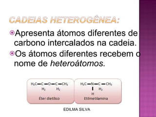 Apresenta átomos diferentes de carbono intercalados na cadeia. Os átomos diferentes recebem o nome de  heteroátomos.   EDILMA SILVA 