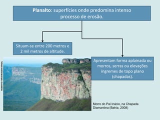 Planalto: superfícies onde predomina intenso
processo de erosão.
Situam-se entre 200 metros e
2 mil metros de altitude.
Apresentam forma aplainada ou
morros, serras ou elevações
íngremes de topo plano
(chapadas).
Morro do Pai Inácio, na Chapada
Diamantina (Bahia, 2008)
ROBERTOFARIA/IMAGEMBRASIL
 
