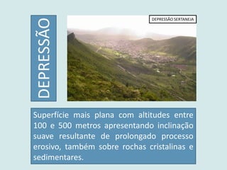 Superfície mais plana com altitudes entre
100 e 500 metros apresentando inclinação
suave resultante de prolongado processo
erosivo, também sobre rochas cristalinas e
sedimentares.
DEPRESSÃO
DEPRESSÃO SERTANEJA
 