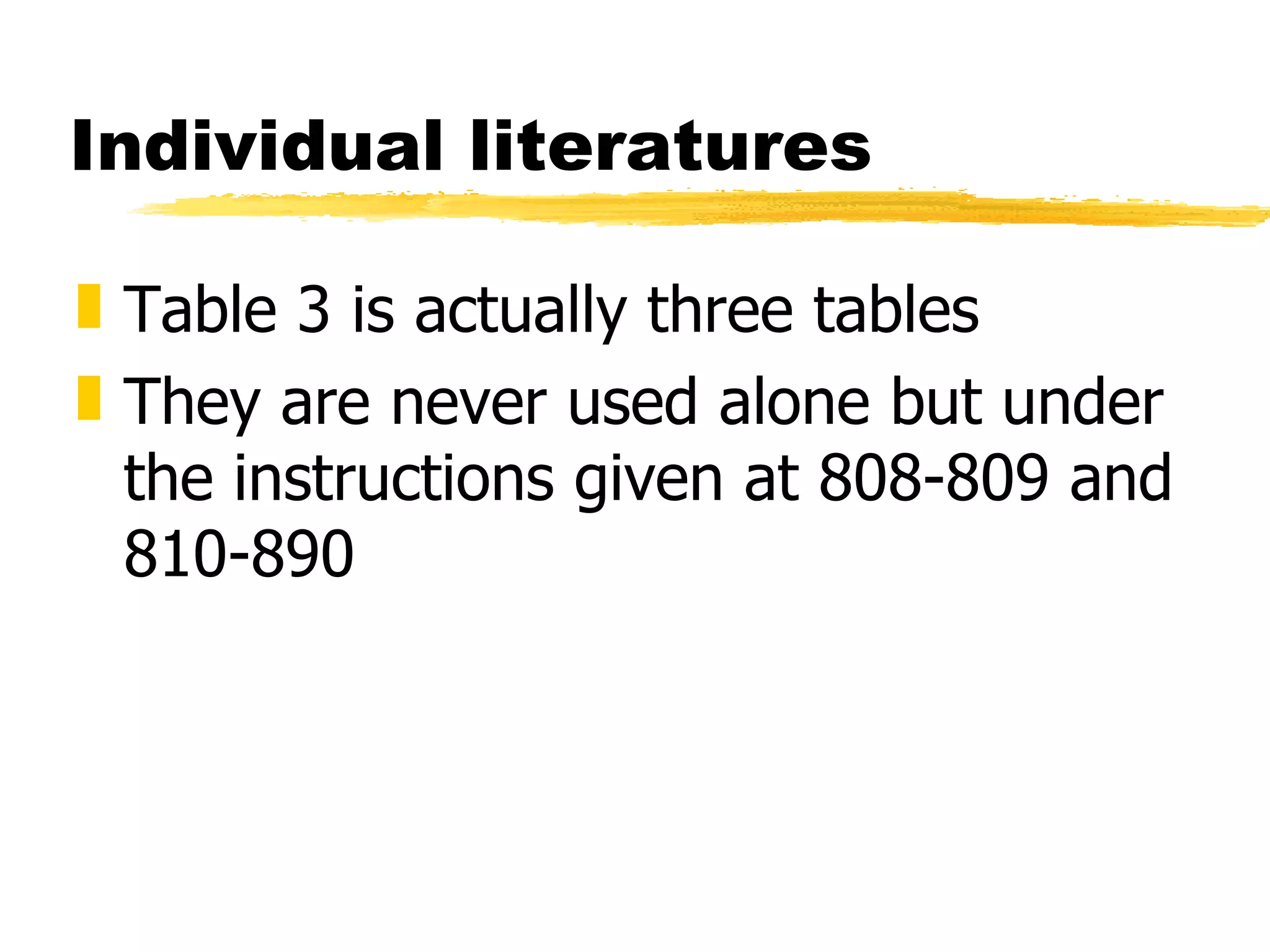 Individual literatures Table 3 is actually three tables They are never used alone but under the instructions given at 808-809 and 810-890 