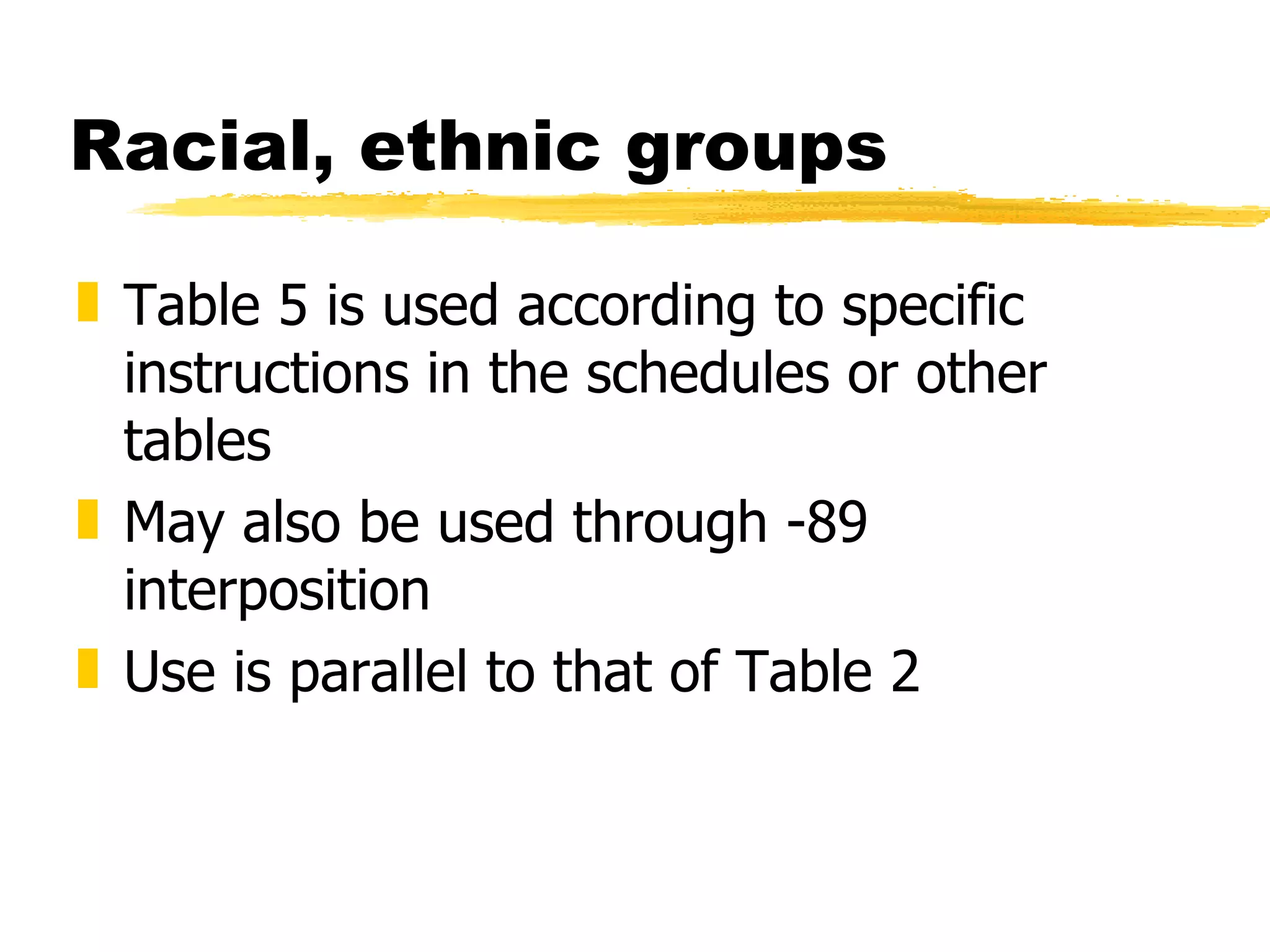 Racial, ethnic groups Table 5 is used according to specific instructions in the schedules or other tables May also be used through -89 interposition Use is parallel to that of Table 2 