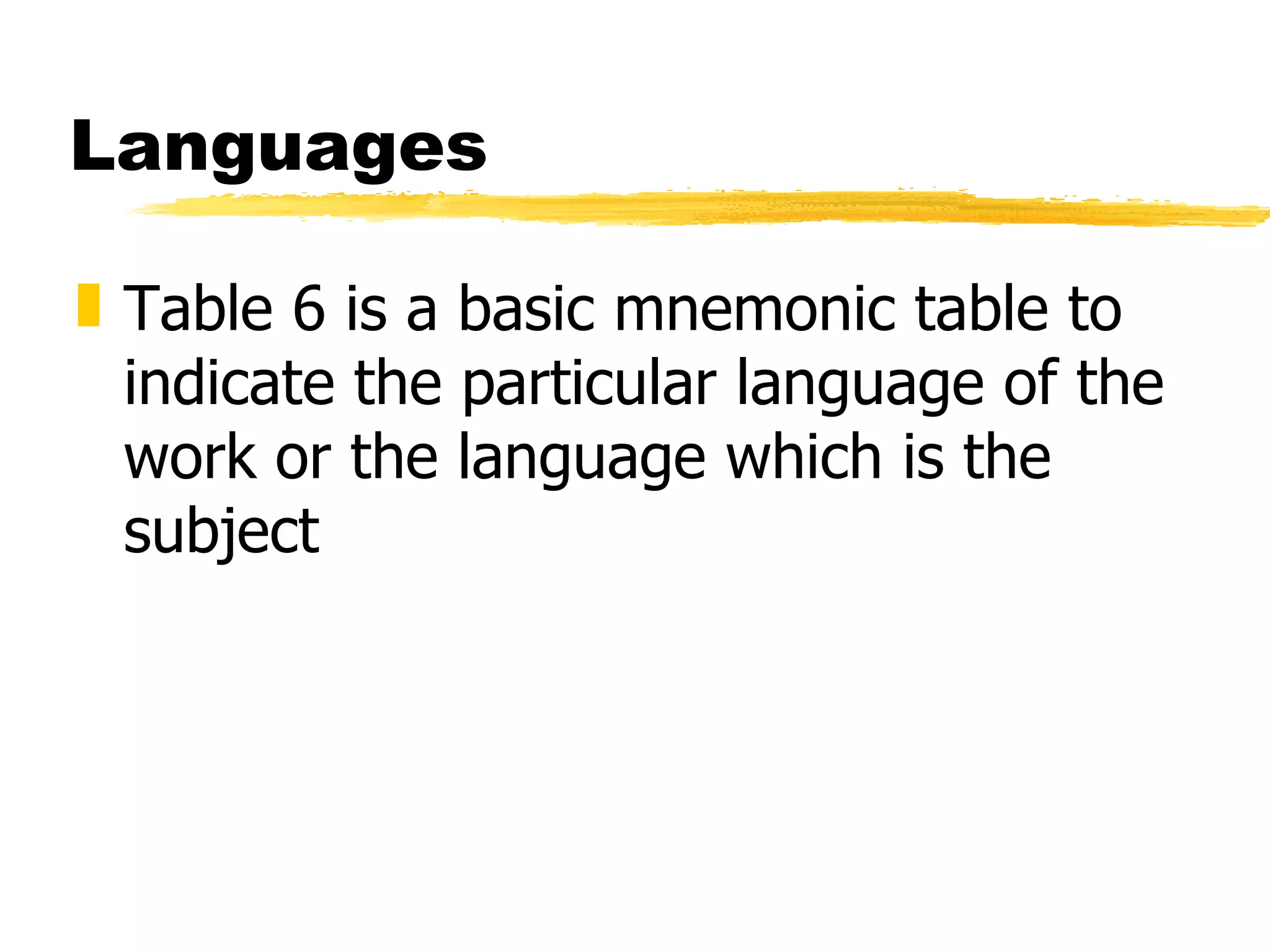 Languages Table 6 is a basic mnemonic table to indicate the particular language of the work or the language which is the subject 