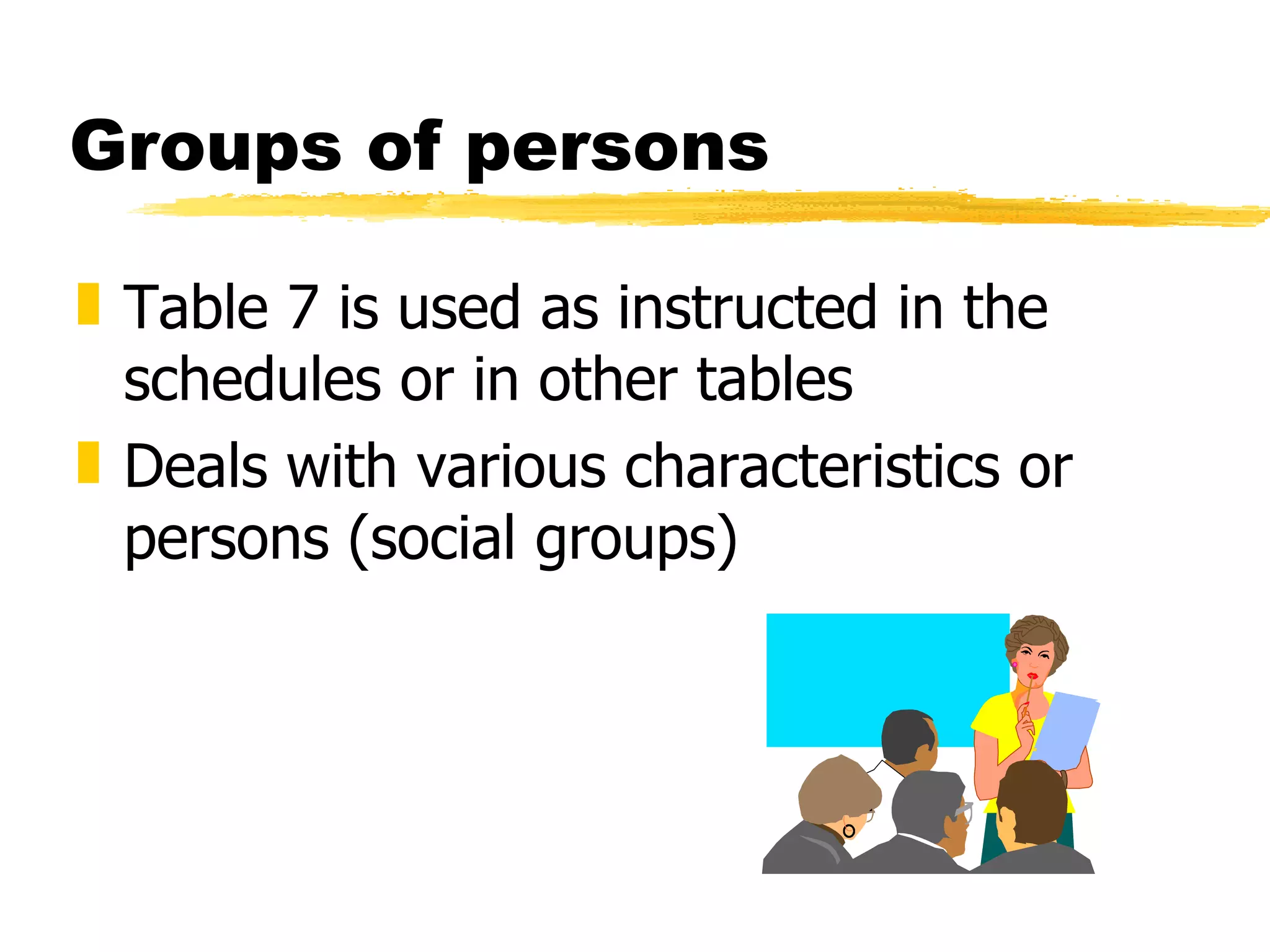 Groups of persons Table 7 is used as instructed in the schedules or in other tables Deals with various characteristics or persons (social groups) 
