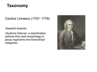 Carolus Linnaeus (1707- 1778)
•Swedish botanist
•Systema Naturae: a classification
scheme that used morphology to
group organisms into hierarchical
categories
Taxonomy
 