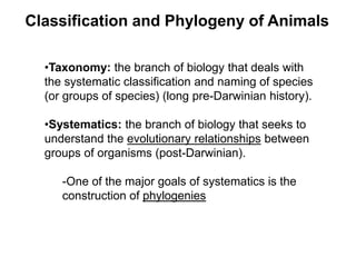 Classification and Phylogeny of Animals
•Taxonomy: the branch of biology that deals with
the systematic classification and naming of species
(or groups of species) (long pre-Darwinian history).
•Systematics: the branch of biology that seeks to
understand the evolutionary relationships between
groups of organisms (post-Darwinian).
-One of the major goals of systematics is the
construction of phylogenies
 
