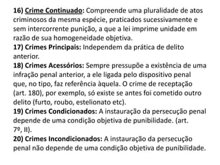 16) Crime Continuado: Compreende uma pluralidade de atos
criminosos da mesma espécie, praticados sucessivamente e
sem intercorrente punição, a que a lei imprime unidade em
razão de sua homogeneidade objetiva.
17) Crimes Principais: Independem da prática de delito
anterior.
18) Crimes Acessórios: Sempre pressupõe a existência de uma
infração penal anterior, a ele ligada pelo dispositivo penal
que, no tipo, faz referência àquela. O crime de receptação
(art. 180), por exemplo, só existe se antes foi cometido outro
delito (furto, roubo, estelionato etc).
19) Crimes Condicionados: A instauração da persecução penal
depende de uma condição objetiva de punibilidade. (art.
7º, II).
20) Crimes Incondicionados: A instauração da persecução
penal não depende de uma condição objetiva de punibilidade.
 