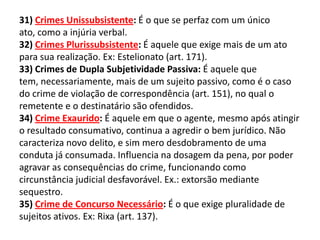 31) Crimes Unissubsistente: É o que se perfaz com um único
ato, como a injúria verbal.
32) Crimes Plurissubsistente: É aquele que exige mais de um ato
para sua realização. Ex: Estelionato (art. 171).
33) Crimes de Dupla Subjetividade Passiva: É aquele que
tem, necessariamente, mais de um sujeito passivo, como é o caso
do crime de violação de correspondência (art. 151), no qual o
remetente e o destinatário são ofendidos.
34) Crime Exaurido: É aquele em que o agente, mesmo após atingir
o resultado consumativo, continua a agredir o bem jurídico. Não
caracteriza novo delito, e sim mero desdobramento de uma
conduta já consumada. Influencia na dosagem da pena, por poder
agravar as consequências do crime, funcionando como
circunstância judicial desfavorável. Ex.: extorsão mediante
sequestro.
35) Crime de Concurso Necessário: É o que exige pluralidade de
sujeitos ativos. Ex: Rixa (art. 137).
 