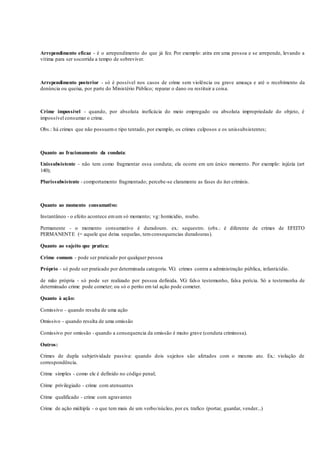 Arrependimento eficaz - é o arrependimento do que já fez. Por exemplo: atira em uma pessoa e se arrepende, levando a
vítima para ser socorrida a tempo de sobreviver.
Arrependimento posterior - só é possível nos casos de crime sem violência ou grave ameaça e até o recebimento da
denúncia ou queixa, por parte do Ministério Público; reparar o dano ou restituir a coisa.
Crime impossível - quando, por absoluta ineficácia do meio empregado ou absoluta impropriedade do objeto, é
impossível consumar o crime.
Obs.: há crimes que não possuemo tipo tentado, por exemplo, os crimes culposos e os unissubsistentes;
Quanto ao fracionamento da conduta:
Unissubsistente - não tem como fragmentar essa conduta; ela ocorre em um único momento. Por exemplo: injúria (art
140);
Plurissubsistente - comportamento fragmentado; percebe-se claramente as fases do iter criminis.
Quanto ao momento consumativo:
Instantâneo - o efeito acontece emum só momento; vg: homicidio, roubo.
Permanente - o momento consumativo é duradouro. ex.: sequestro. (obs.: é diferente de crimes de EFEITO
PERMANENTE (= aquele que deixa sequelas, temconsequencias duradouras).
Quanto ao sujeito que pratica:
Crime comum - pode ser praticado por qualquer pessoa
Próprio - só pode ser praticado por determinada categoria. VG: crimes contra a administração pública, infanticídio.
de mão própria - só pode ser realizado por pessoa definida. VG: falso testemunho, falsa perícia. Só a testemunha de
determinado crime pode cometer; ou só o perito em tal ação pode cometer.
Quanto à ação:
Comissivo - quando resulta de uma ação
Omissivo - quando resulta de uma omissão
Comissivo por omissão - quando a consequencia da omissão é muito grave (conduta criminosa).
Outros:
Crimes de dupla subjetividade passiva: quando dois sujeitos são afetados com o mesmo ato. Ex.: violação de
correspondência.
Crime simples - como ele é definido no código penal;
Crime privilegiado - crime com atenuantes
Crime qualificado - crime com agravantes
Crime de ação múltipla - o que tem mais de um verbo/núcleo, por ex. trafico (portar, guardar, vender...)
 