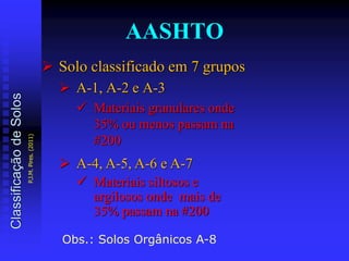 AASHTO
 Solo classificado em 7 grupos
 A-1, A-2 e A-3
 Materiais granulares onde
35% ou menos passam na
#200
 A-4, A-5, A-6 e A-7
 Materiais siltosos e
argilosos onde mais de
35% passam na #200
Obs.: Solos Orgânicos A-8
ClassificaçãodeSolos
P.J.M.Pires.(2011)
 