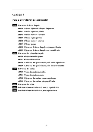 Capítulo 8
Pele e estruturas relacionadas
s810 Estrutura de áreas da pele
s8100 Pele da região da cabeça e do pescoço
s8101 Pele da região do ombro
s8102 Pele do membro superior
s8103 Pele da região pélvica
s8104 Pele do membro inferior
s8105 Pele do tronco
s8108 Estrutura de áreas da pele, outra especificada
s8109 Estrutura de áreas da pele, não especificada
s820 Estrutura das glândulas da pele
s8200 Glândulas sudoríparas
s8201 Glândulas sebáceas
s8208 Estrutura das glândulas da pele, outra especificada
s8209 Estrutura das glândulas da pele, não especificada
s830 Estrutura das unhas
s8300 Unhas dos dedos das mãos
s8301 Unhas dos dedos dos pés
s8308 Estrutura das unhas, outra especificada
s8309 Estrutura das unhas, não especificada
s840 Estrutura dos pêlos
s898 Pele e estruturas relacionadas, outras especificadas
s899 Pele e estruturas relacionadas, não especificadas
111
 
